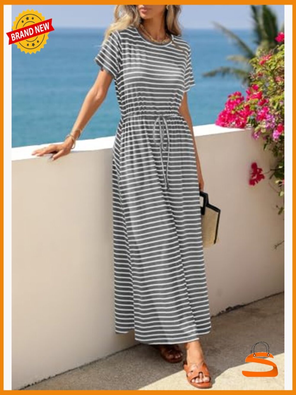 Women's Maxi Dress Short Sleeve Striped Drawstring Waist Loose Fit T-Shirt Dress - Picture 5 of 7